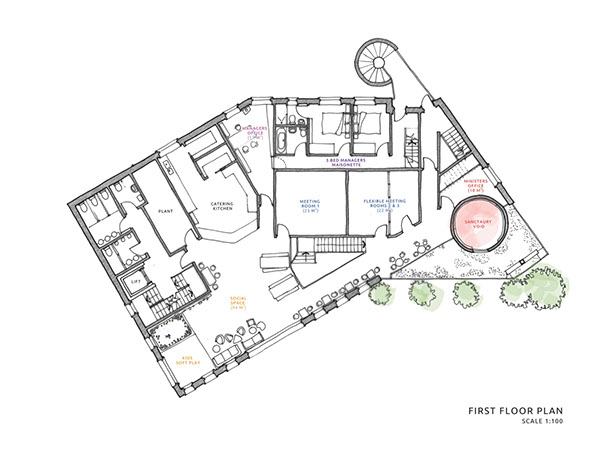 Hand drawing plan architects Innes Architects Hand drawing, First floor plan, architects, Innes Architects, Methodist, church